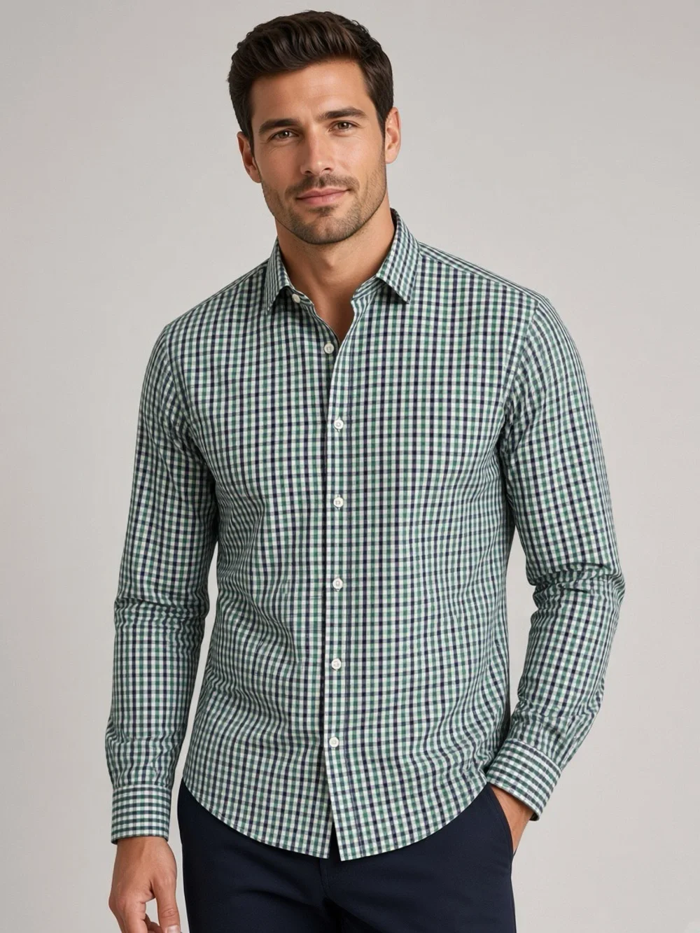 Men's Green Check Long-Sleeve Button-Down Shirt - Large - Slim Fit